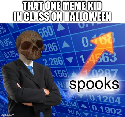 I accidentally deleted day 7 of Halloween memes | THAT ONE MEME KID IN CLASS ON HALLOWEEN | image tagged in meme man spooks | made w/ Imgflip meme maker