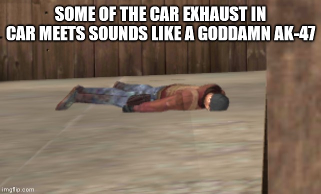 dead | SOME OF THE CAR EXHAUST IN CAR MEETS SOUNDS LIKE A GODDAMN AK-47 | image tagged in dead | made w/ Imgflip meme maker