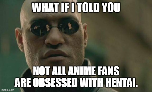 This is a very bad stereotype | WHAT IF I TOLD YOU; NOT ALL ANIME FANS ARE OBSESSED WITH HENTAI. | image tagged in memes,matrix morpheus,anime,stereotypes,the scroll of truth,true story | made w/ Imgflip meme maker