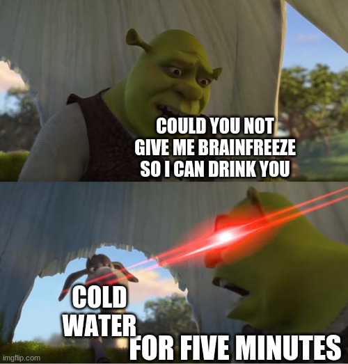 i need you to live why are you hurting me????? |  COULD YOU NOT GIVE ME BRAINFREEZE SO I CAN DRINK YOU; COLD WATER; FOR FIVE MINUTES | image tagged in shrek for five minutes,water,cold | made w/ Imgflip meme maker