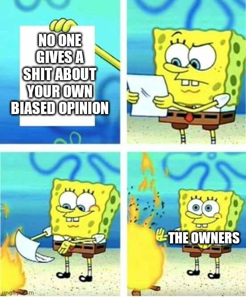 I don't care | NO ONE GIVES A SHIT ABOUT YOUR OWN BIASED OPINION THE OWNERS | image tagged in i don't care | made w/ Imgflip meme maker