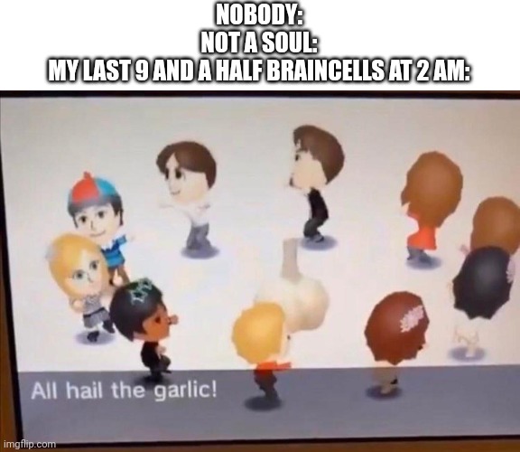 All hail the mighty one | NOBODY:
NOT A SOUL:
MY LAST 9 AND A HALF BRAINCELLS AT 2 AM: | image tagged in all hail the garlic,garlic,mii,ddyfydtfuyddufufuf,stop reading the tags | made w/ Imgflip meme maker