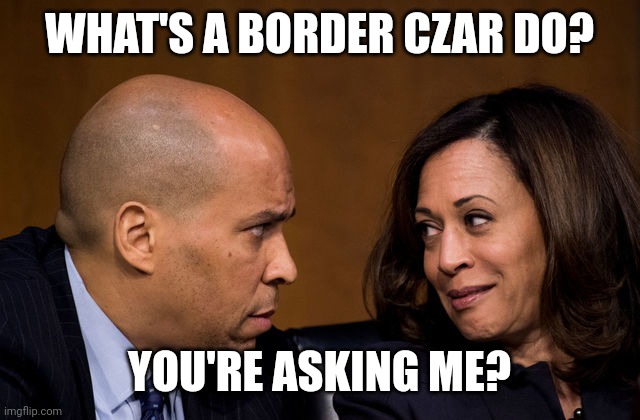 Corey Booker and Kamala Harris | WHAT'S A BORDER CZAR DO? YOU'RE ASKING ME? | image tagged in corey booker and kamala harris | made w/ Imgflip meme maker