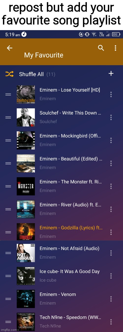 i have too many eminem on my favourite playlist lol. | repost but add your favourite song playlist | made w/ Imgflip meme maker
