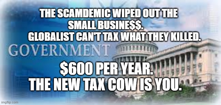 Government Shutdown | THE SCAMDEMIC WIPED OUT THE SMALL BUSINE$$.   
         GLOBALIST CAN'T TAX WHAT THEY KILLED. $600 PER YEAR. THE NEW TAX COW IS YOU. | image tagged in government shutdown | made w/ Imgflip meme maker