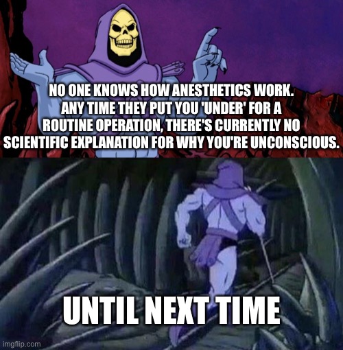 Disturbing facts w/ Skeletor | NO ONE KNOWS HOW ANESTHETICS WORK. ANY TIME THEY PUT YOU 'UNDER' FOR A ROUTINE OPERATION, THERE'S CURRENTLY NO SCIENTIFIC EXPLANATION FOR WHY YOU'RE UNCONSCIOUS. UNTIL NEXT TIME | image tagged in he man skeleton advices | made w/ Imgflip meme maker