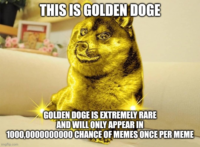 Golden doge |  THIS IS GOLDEN DOGE; GOLDEN DOGE IS EXTREMELY RARE AND WILL ONLY APPEAR IN 1000,0000000000 CHANCE OF MEMES ONCE PER MEME | image tagged in golden doge | made w/ Imgflip meme maker