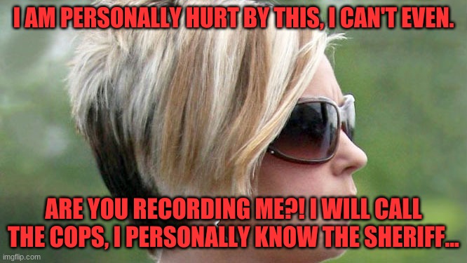 Karen | I AM PERSONALLY HURT BY THIS, I CAN'T EVEN. ARE YOU RECORDING ME?! I WILL CALL THE COPS, I PERSONALLY KNOW THE SHERIFF... | image tagged in karen | made w/ Imgflip meme maker
