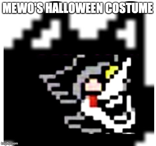 Mew's halloween mask | MEWO'S HALLOWEEN COSTUME | image tagged in blank white template,deltarune | made w/ Imgflip meme maker
