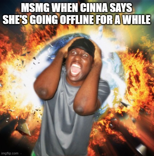 how does that equate to "IMA GO NOT ALIVE" | MSMG WHEN CINNA SAYS SHE'S GOING OFFLINE FOR A WHILE | image tagged in end of the world | made w/ Imgflip meme maker