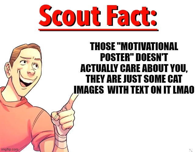 cancel me | THOSE "MOTIVATIONAL POSTER" DOESN'T ACTUALLY CARE ABOUT YOU, THEY ARE JUST SOME CAT IMAGES  WITH TEXT ON IT LMAO | image tagged in scout fact | made w/ Imgflip meme maker