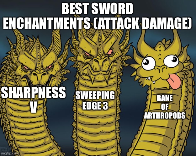 Best sword enchantments for damage | BEST SWORD ENCHANTMENTS (ATTACK DAMAGE); SHARPNESS V; SWEEPING EDGE 3; BANE OF ARTHROPODS | image tagged in three-headed dragon | made w/ Imgflip meme maker