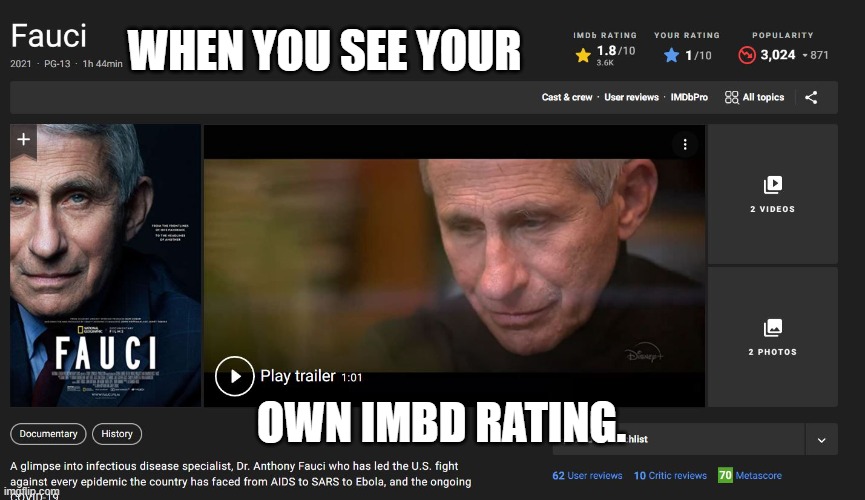It was bad. I was really really bad. | WHEN YOU SEE YOUR; OWN IMBD RATING. | image tagged in dr fauci,covid,movie,imdb,propaganda | made w/ Imgflip meme maker