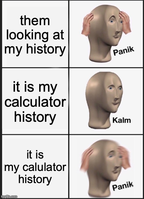 Panik Kalm Panik | them looking at my history; it is my calculator history; it is my calulator history | image tagged in memes,panik kalm panik | made w/ Imgflip meme maker