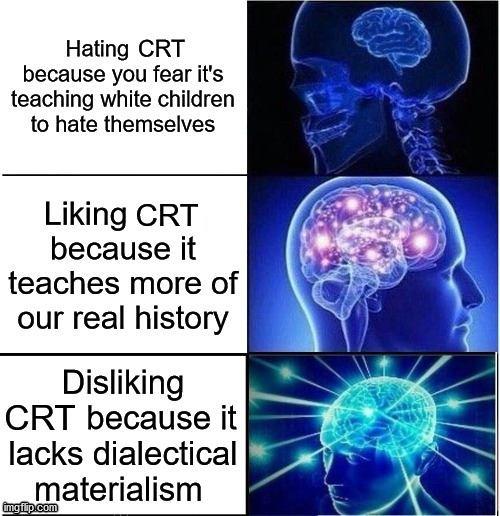 CRT; CRT; CRT | image tagged in expanding brain,crt,critical race theory,education | made w/ Imgflip meme maker