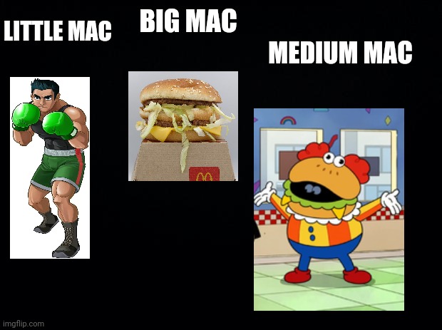 Seriously though... | LITTLE MAC; BIG MAC; MEDIUM MAC | image tagged in black background | made w/ Imgflip meme maker