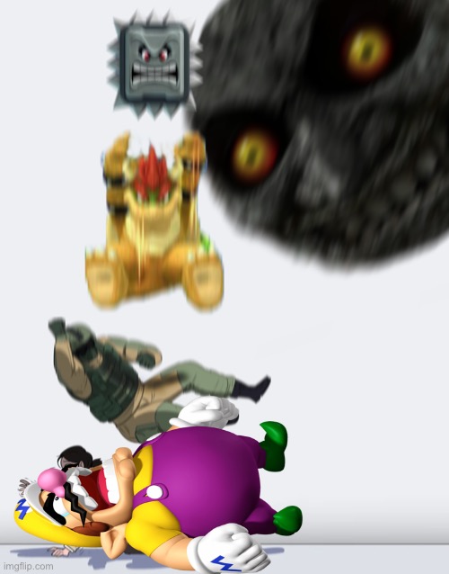 Wario gets crushed by four people.mp3 (Audio in description if someone wants to make a video) | *WALKS TO A WHOLE NEW CITY* YES. *SEES FOUR PEOPLE ON A CLOUD* WHA? *FOUR PEOPLE JUMP OFF THE CLOUD* OH MY GOD! WAAAAAAAAA- *PEOPLE CRUSH WARIO* | image tagged in crushing combo,wario,wario dies | made w/ Imgflip meme maker
