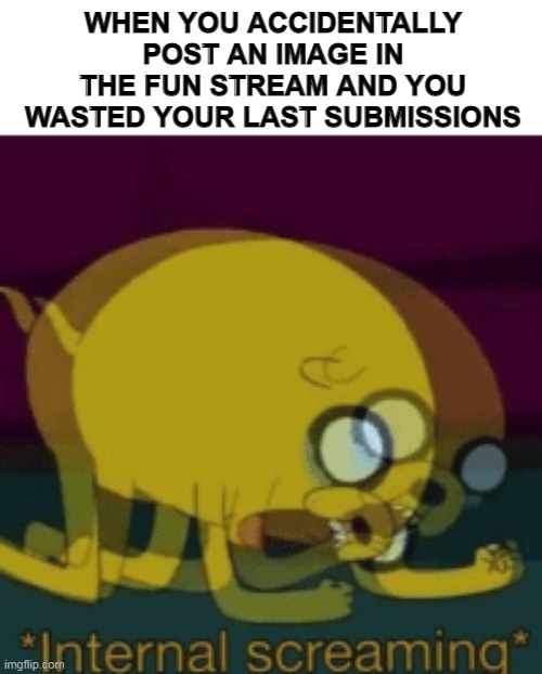 I just accidentally did it, HELP | WHEN YOU ACCIDENTALLY POST AN IMAGE IN THE FUN STREAM AND YOU WASTED YOUR LAST SUBMISSIONS | image tagged in jake the dog internal screaming,memes | made w/ Imgflip meme maker
