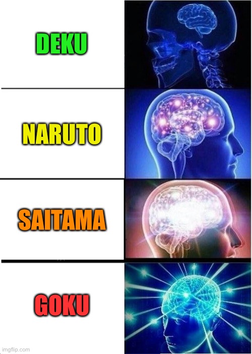 anime characters | DEKU; NARUTO; SAITAMA; GOKU | image tagged in memes,expanding brain,anime | made w/ Imgflip meme maker