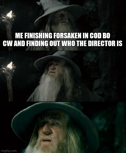 Confused Gandalf | ME FINISHING FORSAKEN IN COD BO CW AND FINDING OUT WHO THE DIRECTOR IS | image tagged in memes,confused gandalf | made w/ Imgflip meme maker