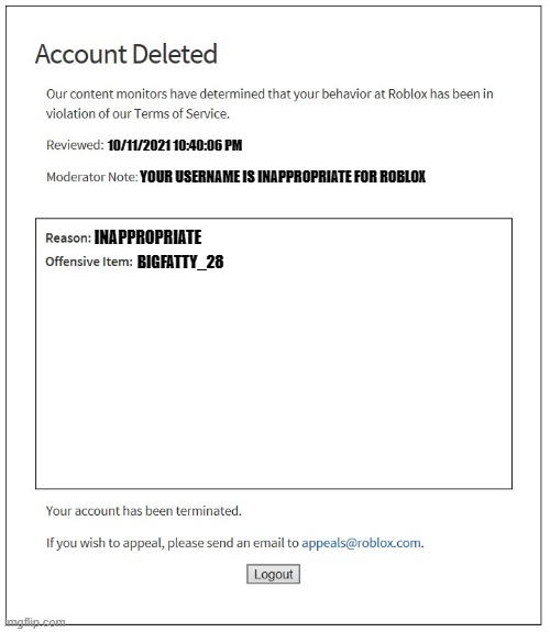 banned from ROBLOX | 10/11/2021 10:40:06 PM; YOUR USERNAME IS INAPPROPRIATE FOR ROBLOX; INAPPROPRIATE; BIGFATTY_28 | image tagged in banned from roblox | made w/ Imgflip meme maker