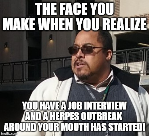 Matthew Thompson | THE FACE YOU MAKE WHEN YOU REALIZE; YOU HAVE A JOB INTERVIEW AND A HERPES OUTBREAK  AROUND YOUR MOUTH HAS STARTED! | image tagged in funny,matthew thompson | made w/ Imgflip meme maker