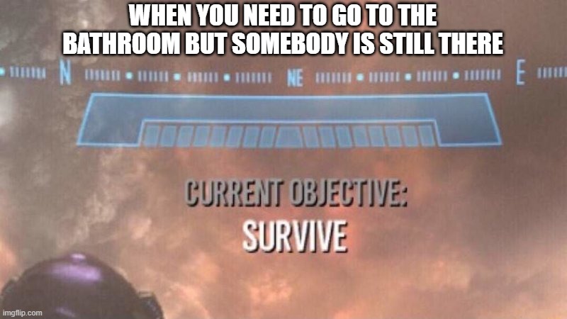 Current Objective: Survive | WHEN YOU NEED TO GO TO THE BATHROOM BUT SOMEBODY IS STILL THERE | image tagged in current objective survive | made w/ Imgflip meme maker