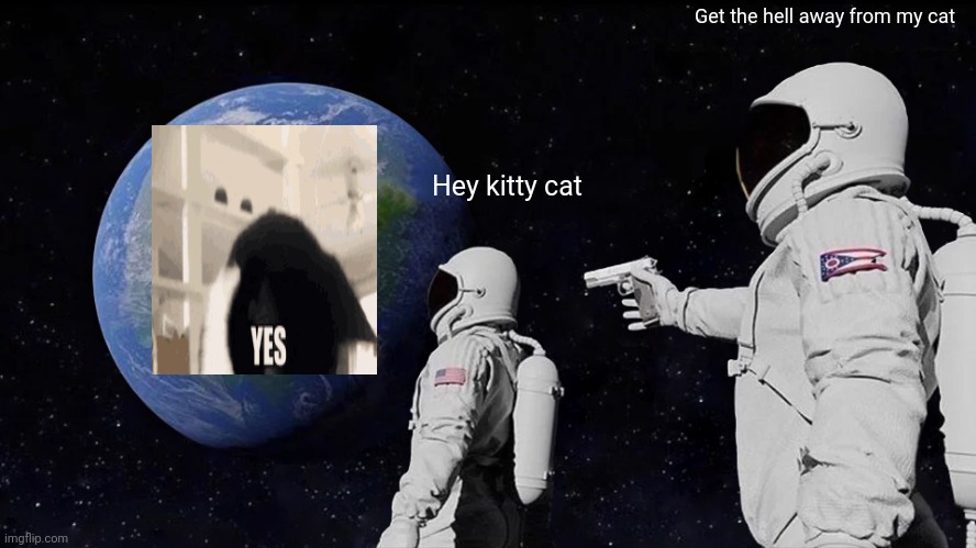Always Has Been | Get the hell away from my cat; Hey kitty cat | image tagged in memes,always has been | made w/ Imgflip meme maker