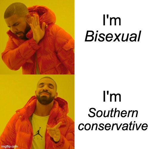 Drake Hotline Bling Meme | I'm; Bisexual; I'm; Southern conservative | image tagged in memes,drake hotline bling,TheMorningShow | made w/ Imgflip meme maker