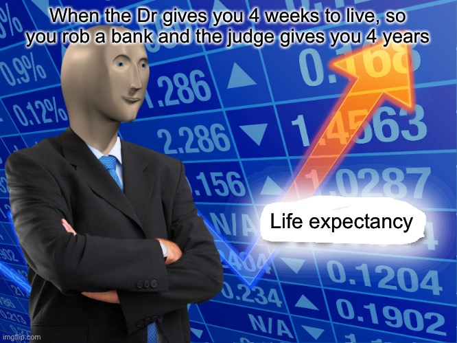 Doctor said I have hours to live | When the Dr gives you 4 weeks to live, so you rob a bank and the judge gives you 4 years; Life expectancy | image tagged in empty stonks,dark stonks,life span,rising stonks,terminal illness | made w/ Imgflip meme maker