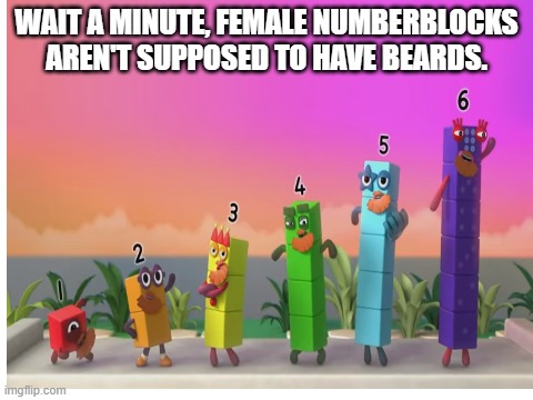 Bearded Numberblocks |  WAIT A MINUTE, FEMALE NUMBERBLOCKS AREN'T SUPPOSED TO HAVE BEARDS. | image tagged in numberblocks,beard | made w/ Imgflip meme maker