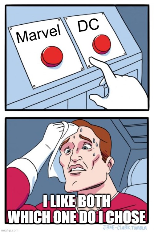 Two Buttons Meme |  DC; Marvel; I LIKE BOTH WHICH ONE DO I CHOSE | image tagged in memes,two buttons | made w/ Imgflip meme maker
