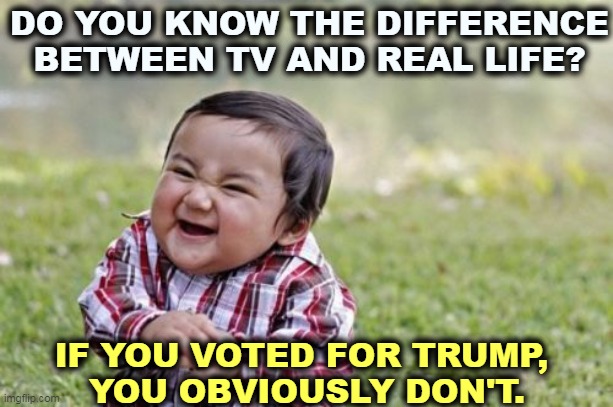 Don't ever vote for a game show host for President. | DO YOU KNOW THE DIFFERENCE BETWEEN TV AND REAL LIFE? IF YOU VOTED FOR TRUMP, 
YOU OBVIOUSLY DON'T. | image tagged in memes,evil toddler,trump,fake,phony,president | made w/ Imgflip meme maker