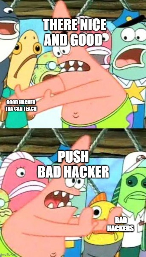 specal meme | THERE NICE AND GOOD; GOOD HACKER THA CAN TEACH; PUSH BAD HACKER; BAD HACKERS | image tagged in memes,put it somewhere else patrick | made w/ Imgflip meme maker