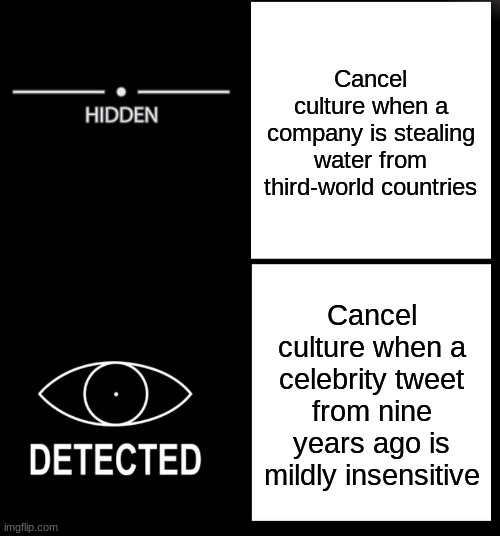 #CancelCancelCulture | Cancel culture when a company is stealing water from third-world countries; Cancel culture when a celebrity tweet from nine years ago is mildly insensitive | image tagged in hidden detected | made w/ Imgflip meme maker