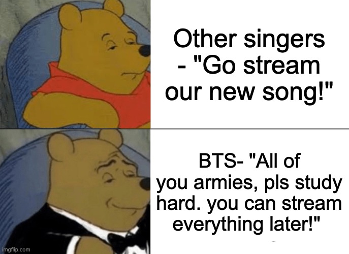 bts | Other singers - "Go stream our new song!"; BTS- "All of you armies, pls study hard. you can stream everything later!" | image tagged in memes,tuxedo winnie the pooh | made w/ Imgflip meme maker