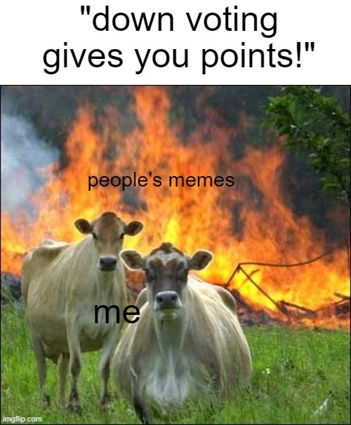 lol don't take it srsly | "down voting gives you points!"; people's memes; me | image tagged in memes,evil cows | made w/ Imgflip meme maker