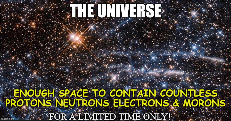 The Universe | THE UNIVERSE; ENOUGH SPACE TO CONTAIN COUNTLESS PROTONS NEUTRONS ELECTRONS & MORONS; FOR A LIMITED TIME ONLY! | image tagged in space | made w/ Imgflip meme maker