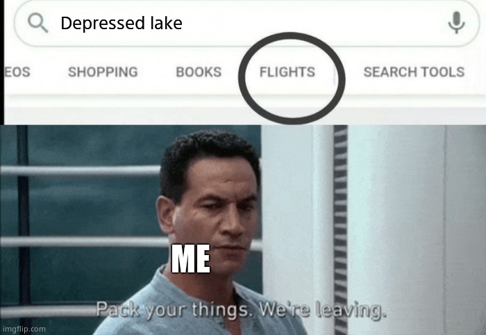 Pack your things Google Flights | Depressed lake; ME | image tagged in pack your things google flights | made w/ Imgflip meme maker