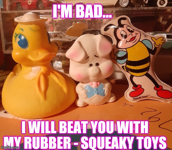 DON'T MESS WITH ME | I'M BAD... I WILL BEAT YOU WITH MY RUBBER - SQUEAKY TOYS | image tagged in we got us a badass over here | made w/ Imgflip meme maker