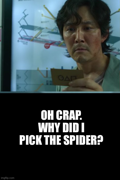 squid game name card | OH CRAP.
WHY DID I PICK THE SPIDER? | image tagged in squid game name card | made w/ Imgflip meme maker