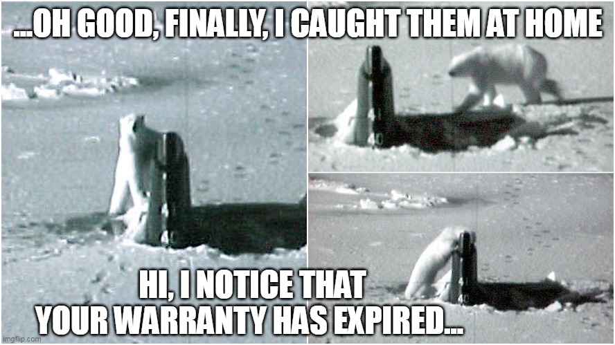 Polar Bear Salesman | ...OH GOOD, FINALLY, I CAUGHT THEM AT HOME; HI, I NOTICE THAT YOUR WARRANTY HAS EXPIRED... | image tagged in funny memes | made w/ Imgflip meme maker