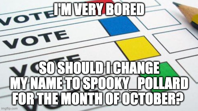 I'm desperate, leave your answers below because i dunno | I'M VERY BORED; SO SHOULD I CHANGE MY NAME TO SPOOKY_POLLARD FOR THE MONTH OF OCTOBER? | image tagged in political poll,memes,unfunny | made w/ Imgflip meme maker
