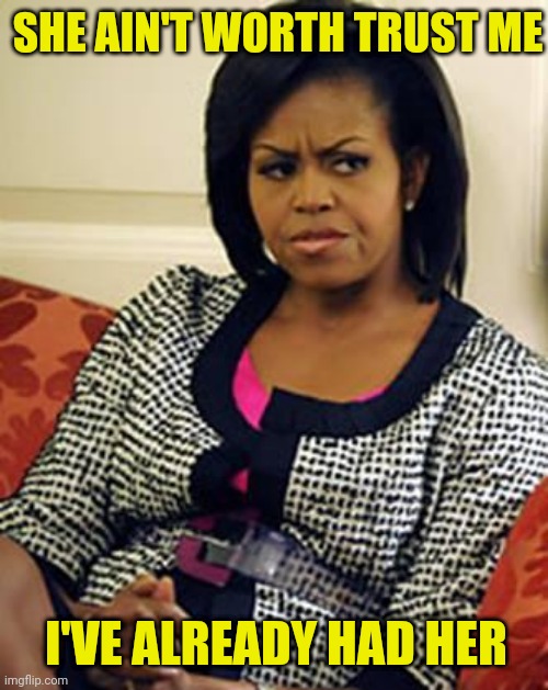 Michelle Obama is not pleased | SHE AIN'T WORTH TRUST ME I'VE ALREADY HAD HER | image tagged in michelle obama is not pleased | made w/ Imgflip meme maker