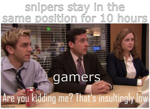 geming | snipers stay in the same position for 10 hours; gamers | image tagged in are you kidding me that's insultingly low | made w/ Imgflip meme maker