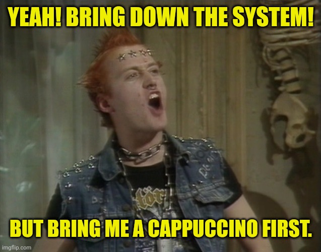 Vyvyan Young Ones | YEAH! BRING DOWN THE SYSTEM! BUT BRING ME A CAPPUCCINO FIRST. | image tagged in vyvyan young ones | made w/ Imgflip meme maker