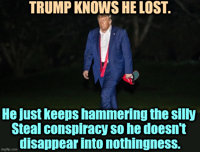 Trump is most afraid of being ignored. He needs the attention to the point of sickness. | TRUMP KNOWS HE LOST. He just keeps hammering the silly 
Steal conspiracy so he doesn't 
disappear into nothingness. | image tagged in trump,show off,sad,sick,liar | made w/ Imgflip meme maker