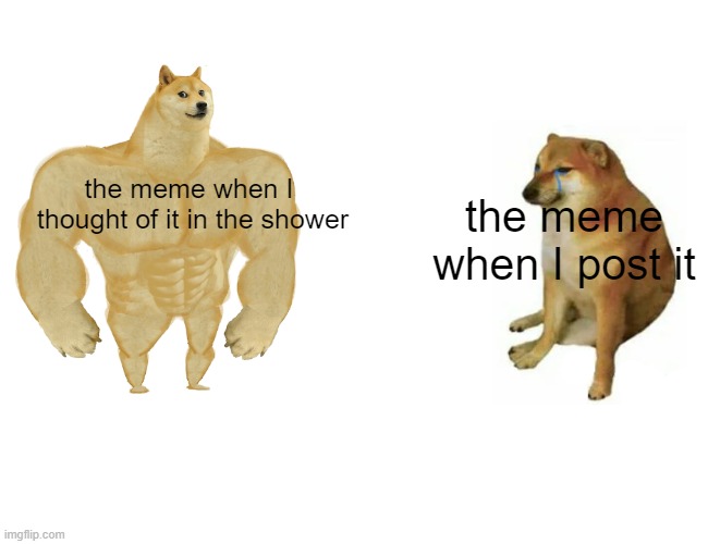 Buff Doge vs. Cheems Meme | the meme when I
 thought of it in the shower; the meme when I post it | image tagged in memes,buff doge vs cheems | made w/ Imgflip meme maker