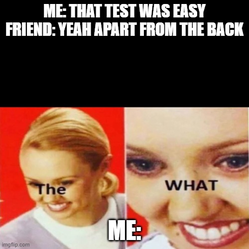 Daily school meme 3 | ME: THAT TEST WAS EASY
FRIEND: YEAH APART FROM THE BACK; ME: | image tagged in the what,exams,school meme | made w/ Imgflip meme maker