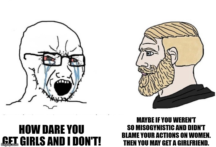 Incels be like | MAYBE IF YOU WEREN'T SO MISOGYNISTIC AND DIDN'T BLAME YOUR ACTIONS ON WOMEN. THEN YOU MAY GET A GIRLFRIEND. HOW DARE YOU GET GIRLS AND I DON'T! | image tagged in soyboy vs yes chad,memes | made w/ Imgflip meme maker
